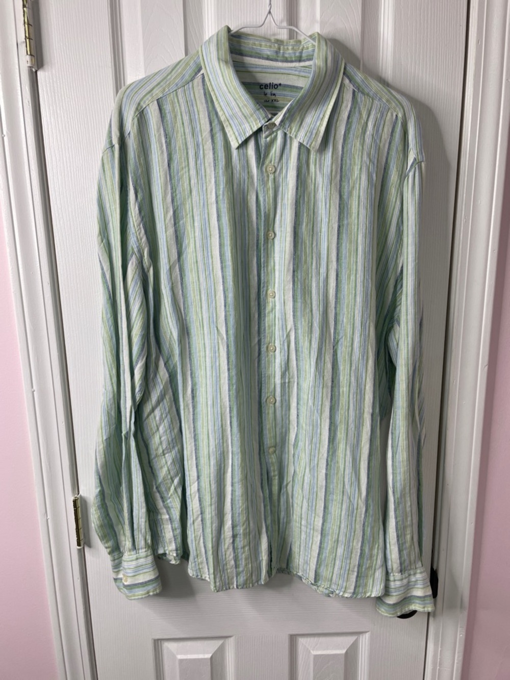 Linen Button Up Green Blue Stripe Size XXL